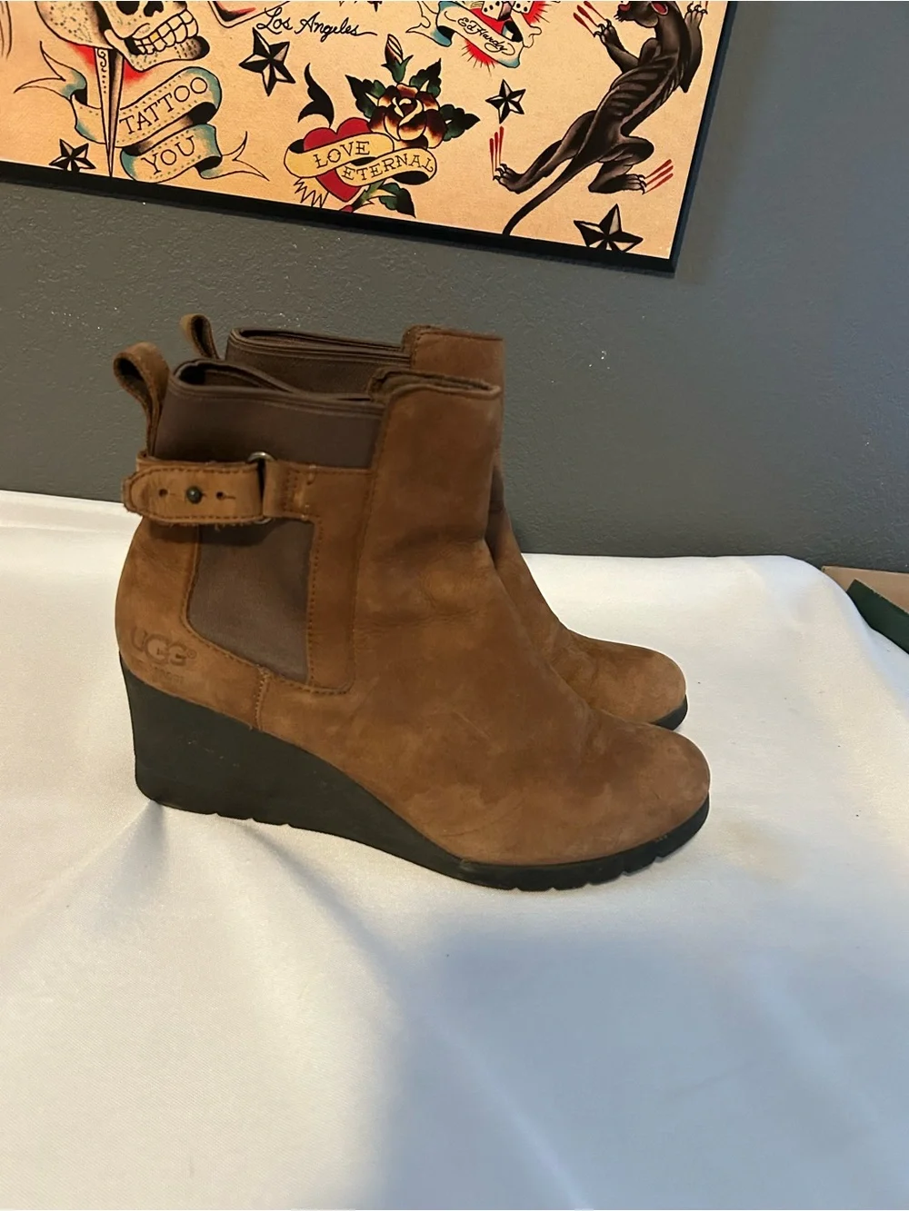 UGG Tan Suede Wedge Ankle Boots with Side Buckle